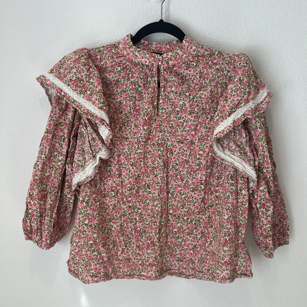Who What Wear Peasant Romantic Floral Blouse Sz M Pink Cream Puff Ruffle Sleeves - Picture 2 of 7
